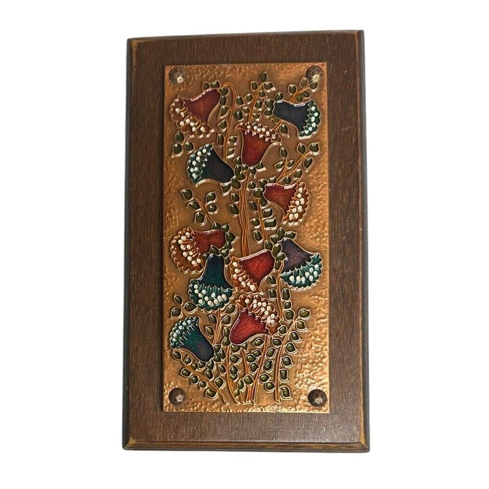 Vtg Enamel on Embossed Copper Bell Flowers on Wood Picture Wall Art 11" x 6"